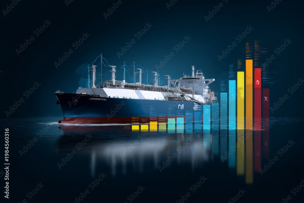 Fototapeta premium Charting new waters: lng as the vanguard of green fuel shipping. Financial report. Sustainable fuel innovations: the offshore lng export hub. Economic forecast. Investment growth.