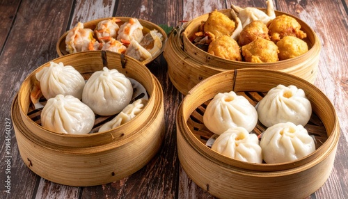 A steaming selection of traditional Asian dim sum in bamboo baskets, showcasing delicate dumplings and shrimp varieties.