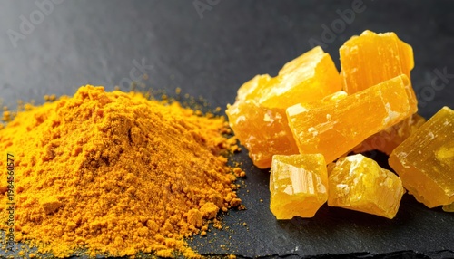 Bright Yellow Sulfur Powder and Crystalline Sulfur Chunks on a Dark Slate Surface