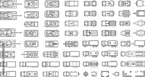 Top view vehicles vector mega set for floor plans and maps. Thin line overhead transport icons including cars, trucks, buses and service vehicles for CAD urban planning and city design