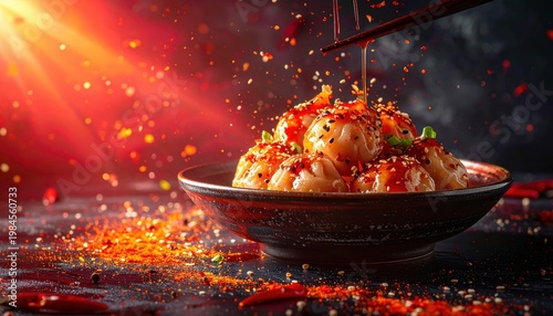 Delectable Szechuan Dumplings Drenched in Glistening Chili Oil Sauce with Sesame Seeds