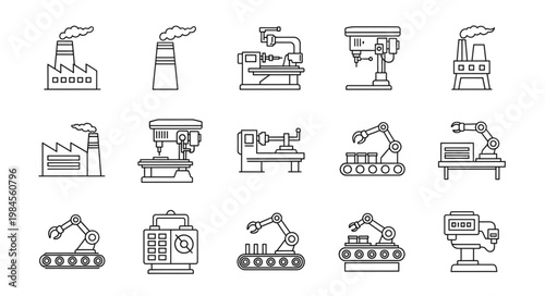 Industrial Manufacturing Factory Machinery and Robots Icons Set.