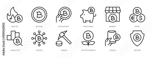 Crypto Finance thin line icon set. Cryptocurrency, Financial Technology, Fintech, Digital Payment, Bitcoin concept. Black outline vector icons collection.