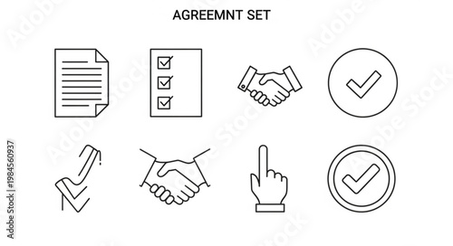 Agreement Set Icons Representing Business Deals and Decisions.