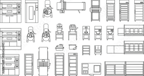 Top view warehouse and store shelving floor plan vector set. Thin line storage racks, aisles, pallets and shelving units with CAD layout icons for logistics, retail and warehouse design