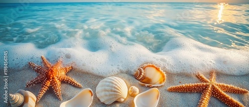 banner sea beach tropical ocean nature- holiday summer- shell sand- shell nature concept island beach conch seashell border. Shell and starfish make a border - copy-space for texts