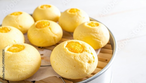 Fluffy Steamed Egg Custard Buns With Pale Yellow Centers, A Delicious Asian Dessert.