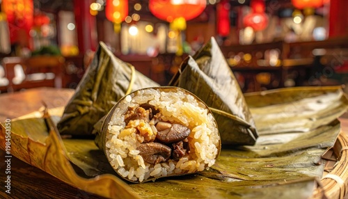 Fragrant Sticky Rice Dumplings Wrapped in Lotus Leaves, Revealing Savory Meat Filling in a Traditional Asian Restaurant Setting.