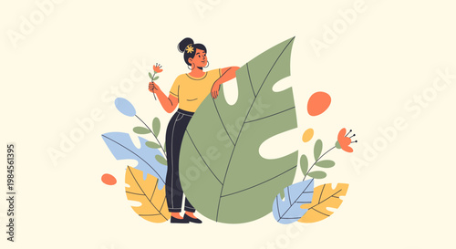a cartoon woman surrounded by colorful flowers.