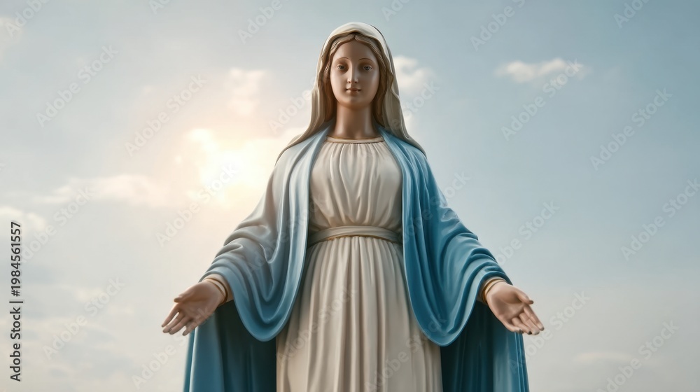 Fototapeta premium Majestic Pose of the Virgin Mary Under a Serene Sky with Gentle Light Emphasizing Her Peaceful Presence