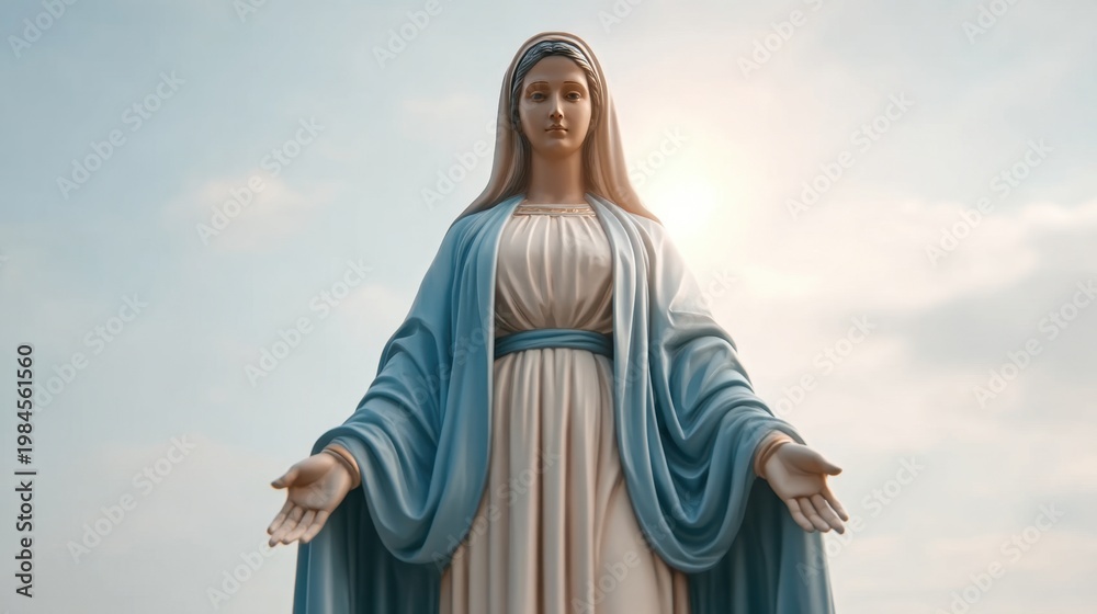 Fototapeta premium Majestic Statue of a Serene Virgin Mary Bathed in Soft Light Against a Beautiful Sky