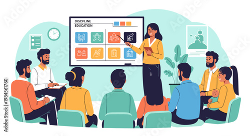 A diverse group of professionals attending a business training session or educational workshop led by a female instructor.