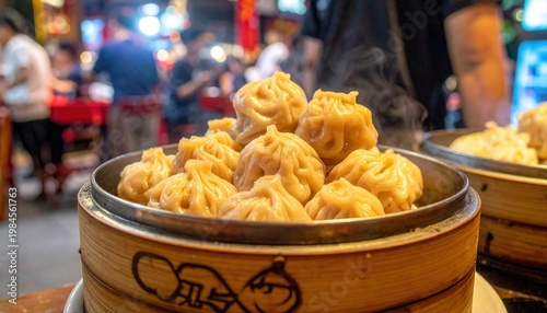 Steamed Pork and Shrimp Dumplings Piled High in Bamboo Baskets, Capturing the Essence of Authentic Asian Cuisine.