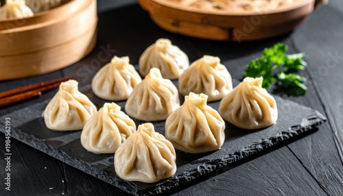 Xiao Long Bao: Delicate Soup Dumplings Steamed to Perfection, Served on Slate with Chopsticks and Garnish.
