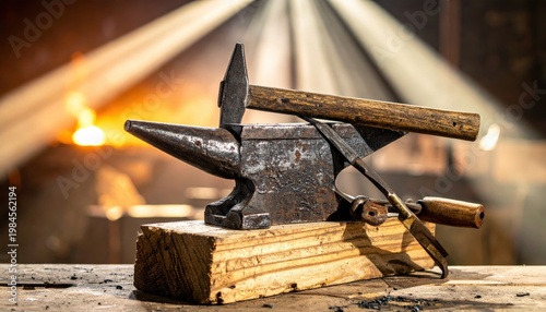 Vintage Anvil Hammer and Tongs Resting on Wooden Block in Blacksmith Forge with Fiery Background