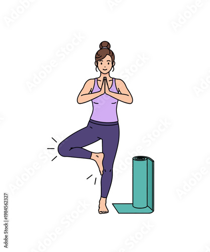 woman practicing yoga balance pose on foam roller vector illustration
