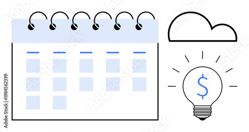 Time management, financial planning, innovation, scheduling tools, project organization, creative strategies. Minimalistic calendar, cloud and dollar lightbulb icons. Time management and financial