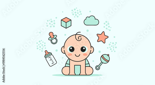 Adorable cartoon baby surrounded by playful toys and nursery items, evoking childhood innocence and joy.