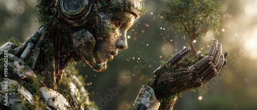 Tree of life: a hand supporting green vitality. Synthetic life. Warm glows of sunshine grace a hand holding boundless nature. Cybernetic identity. Machine persona.