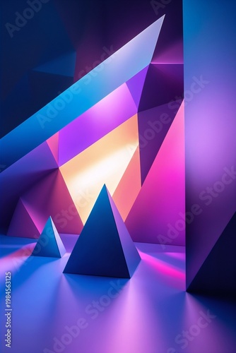 Geometric pyramids in dynamic lighting creating a vibrant abstract scene, copy space