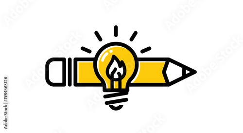 Creative brainstorming concept: a pencil with a lightbulb emitting bright light and fire