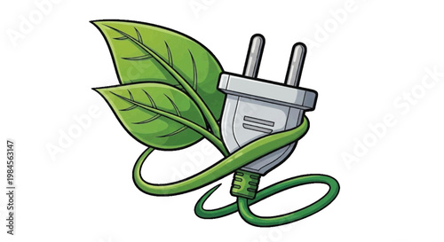 Vector illustration of green energy concept with an electrical plug wrapped in a vine with leaves on a transparent background