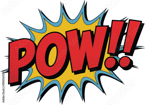 A vibrant red POW!! comic book sound effect with exclamation marks against a yellow burst shape