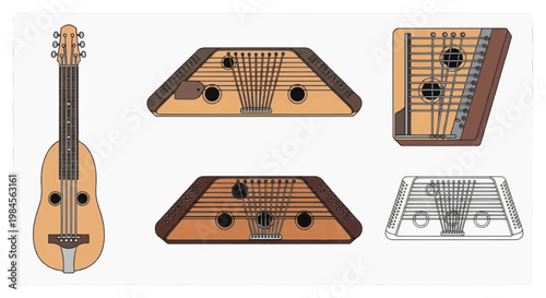 Vector illustration of set of various stringed musical instruments on a transparent background