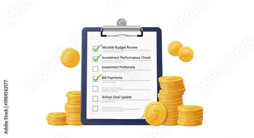 Vector illustration of financial checklist with gold coins on on a transparent background