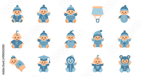 A collection of cute blue baby illustrations wearing hats and outfits, including a graduation cap and a teddy bear costume, with a baby rattle accessory.