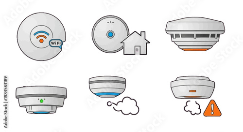 Vector illustration of set of smart smoke and carbon monoxide detectors for home safety on a transparent background
