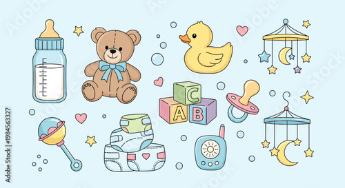 A delightful collection of baby-themed illustrations, featuring a teddy bear, rubber duck, baby bottle, rattles, diapers, building blocks, pacifier, and mobiles.