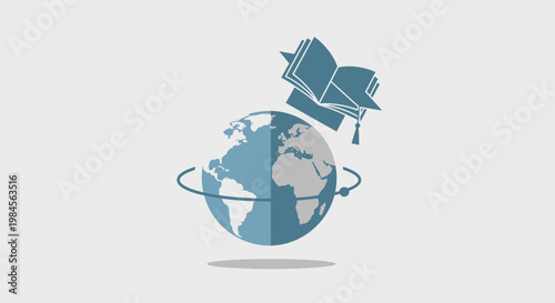 Global education concept with graduation cap and book floating above planet earth