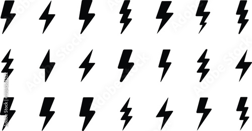 An array of black lightning icons depicting power and energy on a bright white surface