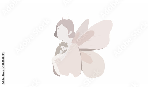 Elegant girl in butterfly costume holding flower minimal pastel vector illustration modern kids design