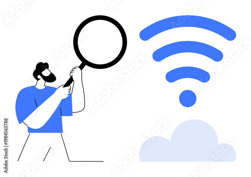 Digital security, technology analysis, cloud computing, internet connectivity, data transfer, network troubleshooting. Man inspecting wireless signal icon next to cloud. Digital security