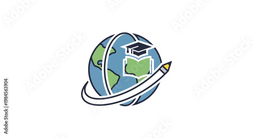 Global Education Logo with a Graduation Cap, Globe, Book, and Pencil Design
