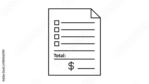 Minimalist black line vector icon of an invoice or billing document on a white background. This clean illustration features checkboxes, itemized lines, a total section, and a dollar sign symbol.