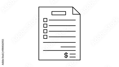 Minimalist black line vector icon of an invoice or billing document on a white background, featuring a checklist, dollar sign, and text lines, ideal for business, finance, and accounting.