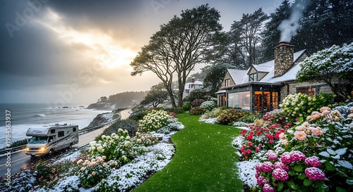 A snow-covered house next to a winding coastal road as a motorhome drives by