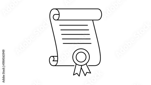 Legal scroll vector icon illustration. A minimalist black line drawing of a rolled parchment paper with a wax seal and ribbon, representing a diploma, certificate, or law document on white.