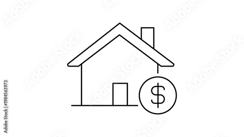 Minimalist black line vector icon illustration of a house outline with a dollar sign coin on a white background, representing mortgage, home loan, real estate investment, and property value.