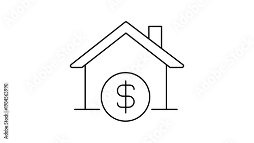 Minimalist black line vector icon illustration on a white background representing a house outline with a dollar sign coin, ideal for mortgage, real estate, home loan, and property investment.