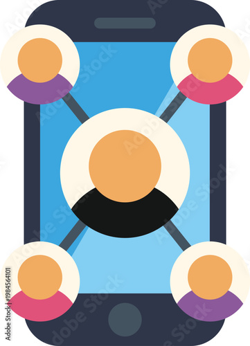 Mobile phone displaying a network of connected people symbolizing online community and communication