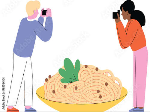 Food bloggers taking photos of pasta dish with professional cameras, social media influencers recording meal vector illustration
