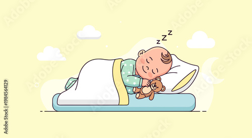 A cute baby peacefully sleeping on a comfortable mattress, hugging a teddy bear, with soft clouds and a crescent moon in the background.