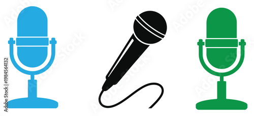 Microphone icons in blue black and green colors vector illustration