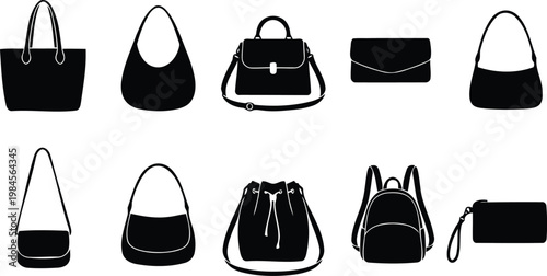 Collection of black handbag silhouettes vector illustration.
