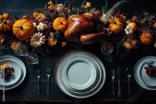 Thanksgiving day dinner on the wood table- black background. Thanksgiving concept. Copy Space for texts