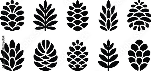 Assortment of simple black botanical elements including cones and various leaves
